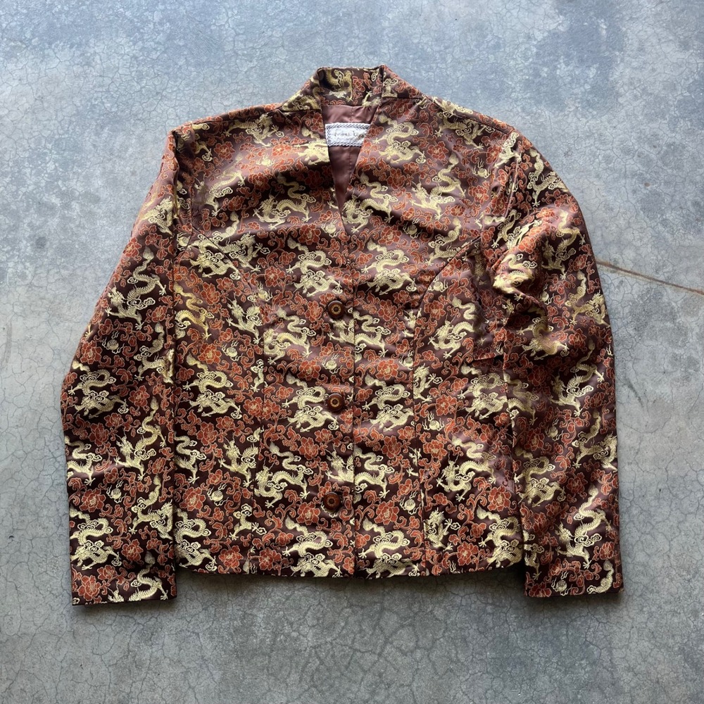 Andrea Loyce Brown Gold Dragon Brocade Blazer Jacket Women Vintage Style